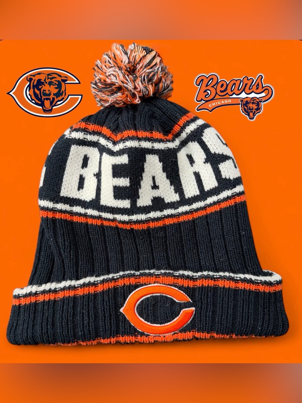 Chicago Bears Beanie NFL Team Apparel Pom Knit Hat BEARS Navy Orange C Logo